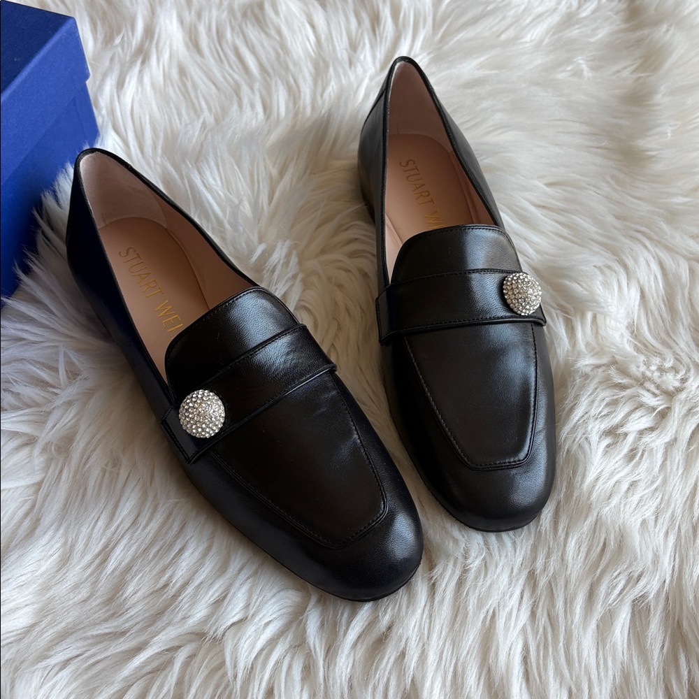 Stuart Weitzman PAYSON CRYSTAL Black Leather Loafers